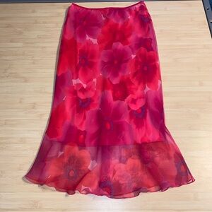 Vintage Y2K Pink Chiffon Trumpet Midi Slip Skirt Medium Floral Fairy